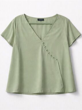 ModCloth Sage Green Faux-Wrap Blouse – V-Neck Button Detail Top (XL)